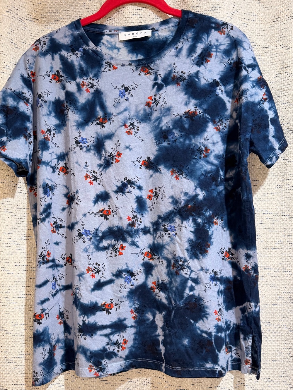 Sandro Blue Tie-Dye Tee with Red & Purple Floral Print